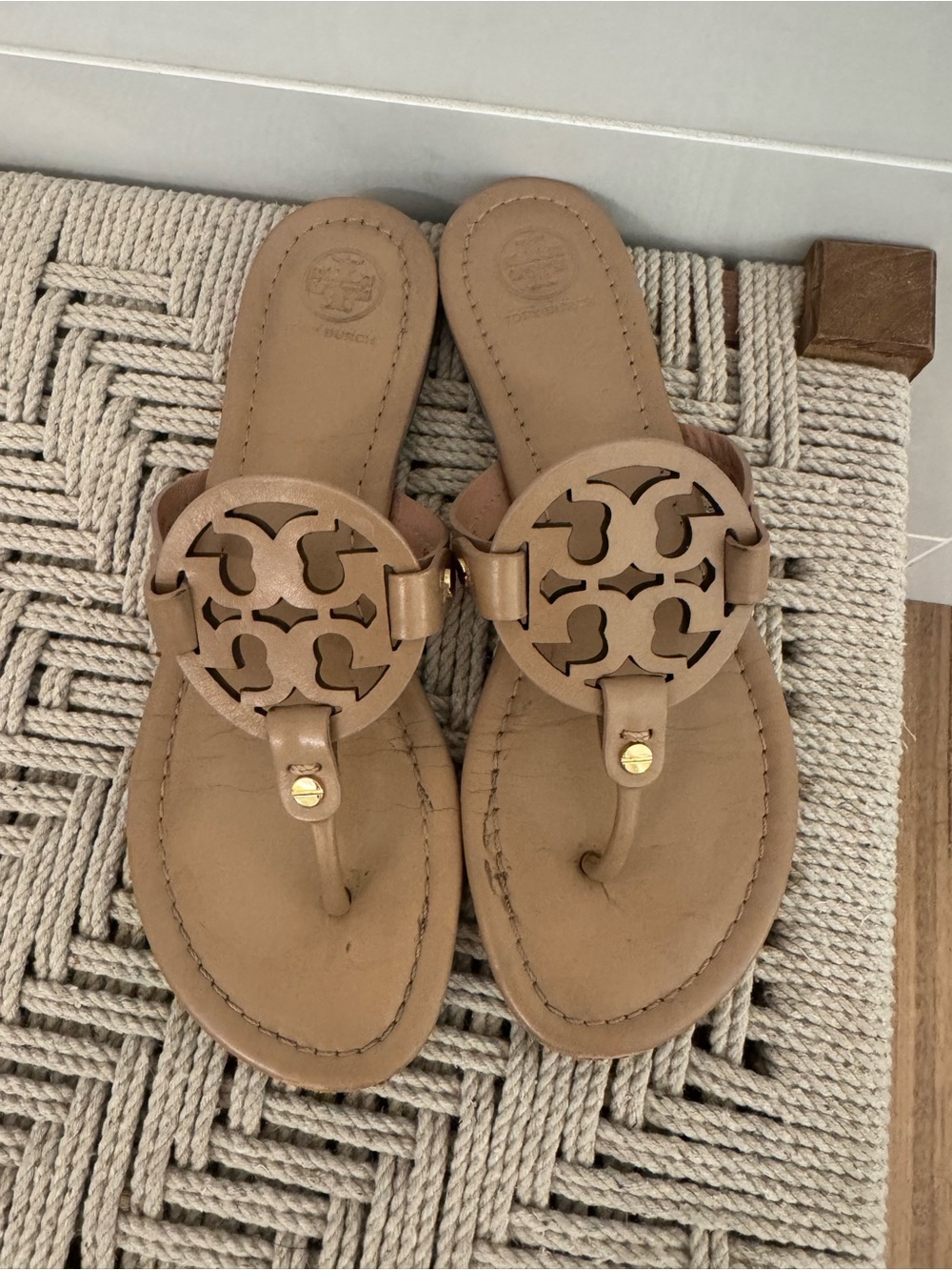 Tory Burch Tan Leather Logo Thong Sandals with Gold Hardware